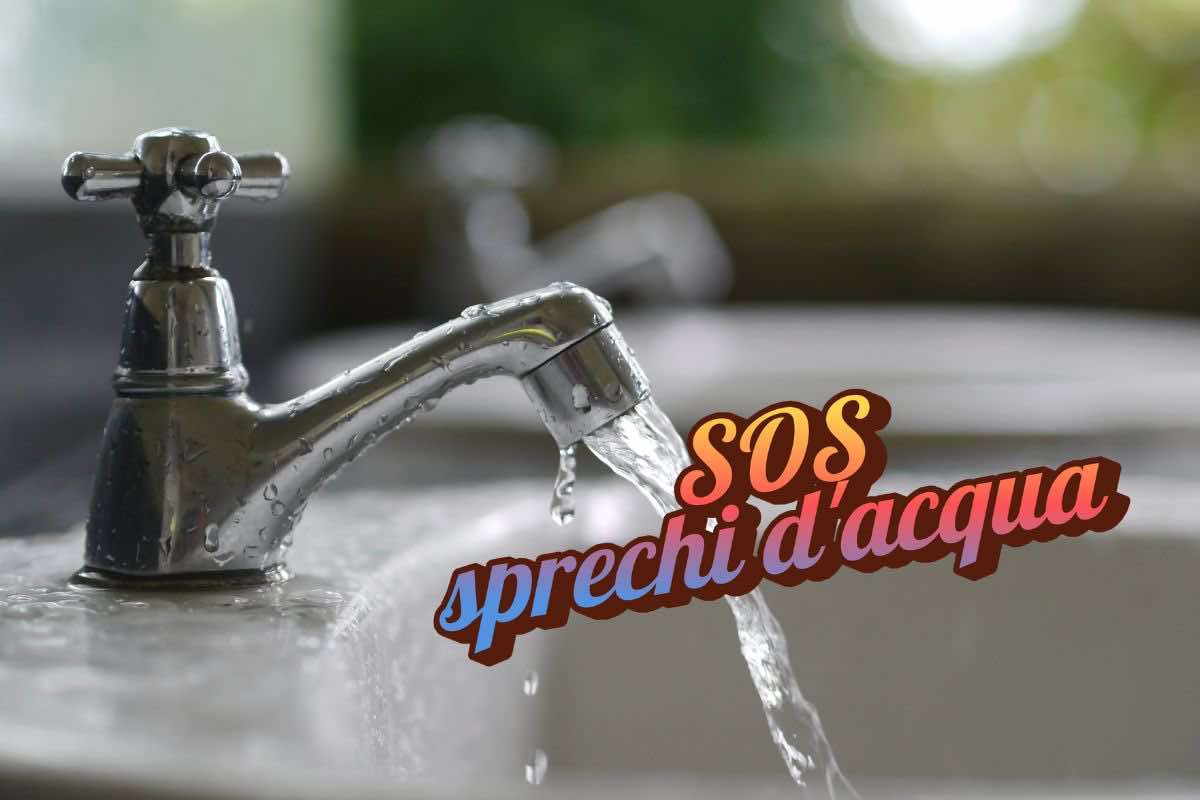 Rubinetto aperto e scritta "SOS sprechi d'acqua"