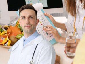 sfondo nutrizionista che parla con paziente e nutrizionista uomo
