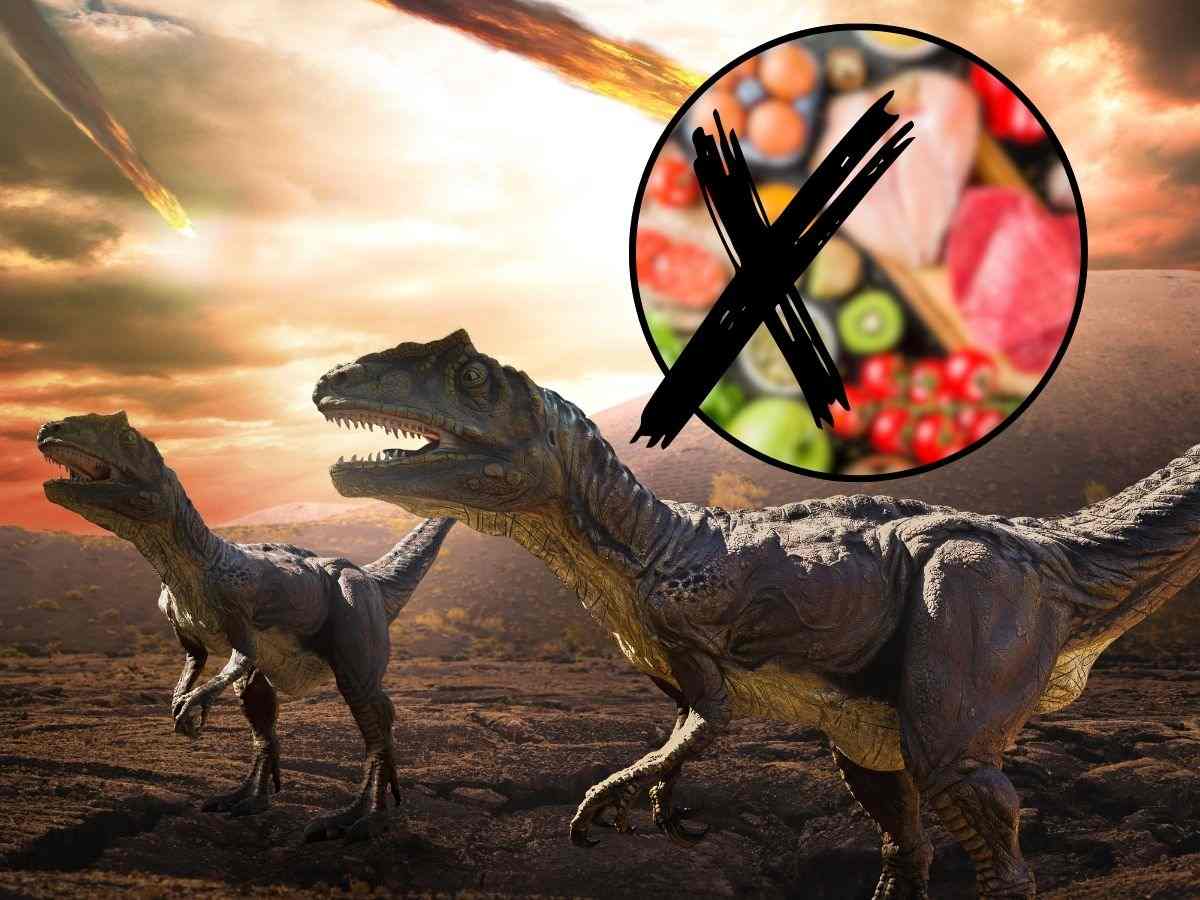 sfondo dinosauri e tondo con cibo sfocato e X
