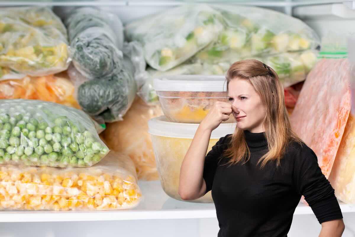 alimenti freezer e donna che tappa naso