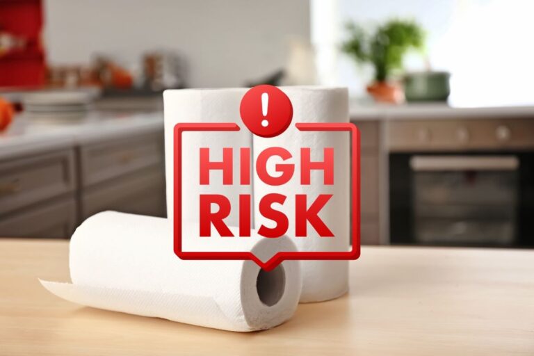 segnale di pericolo e rotoloni da cucina