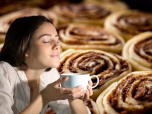 sfondo girelle e donna che odora con tazza in mano