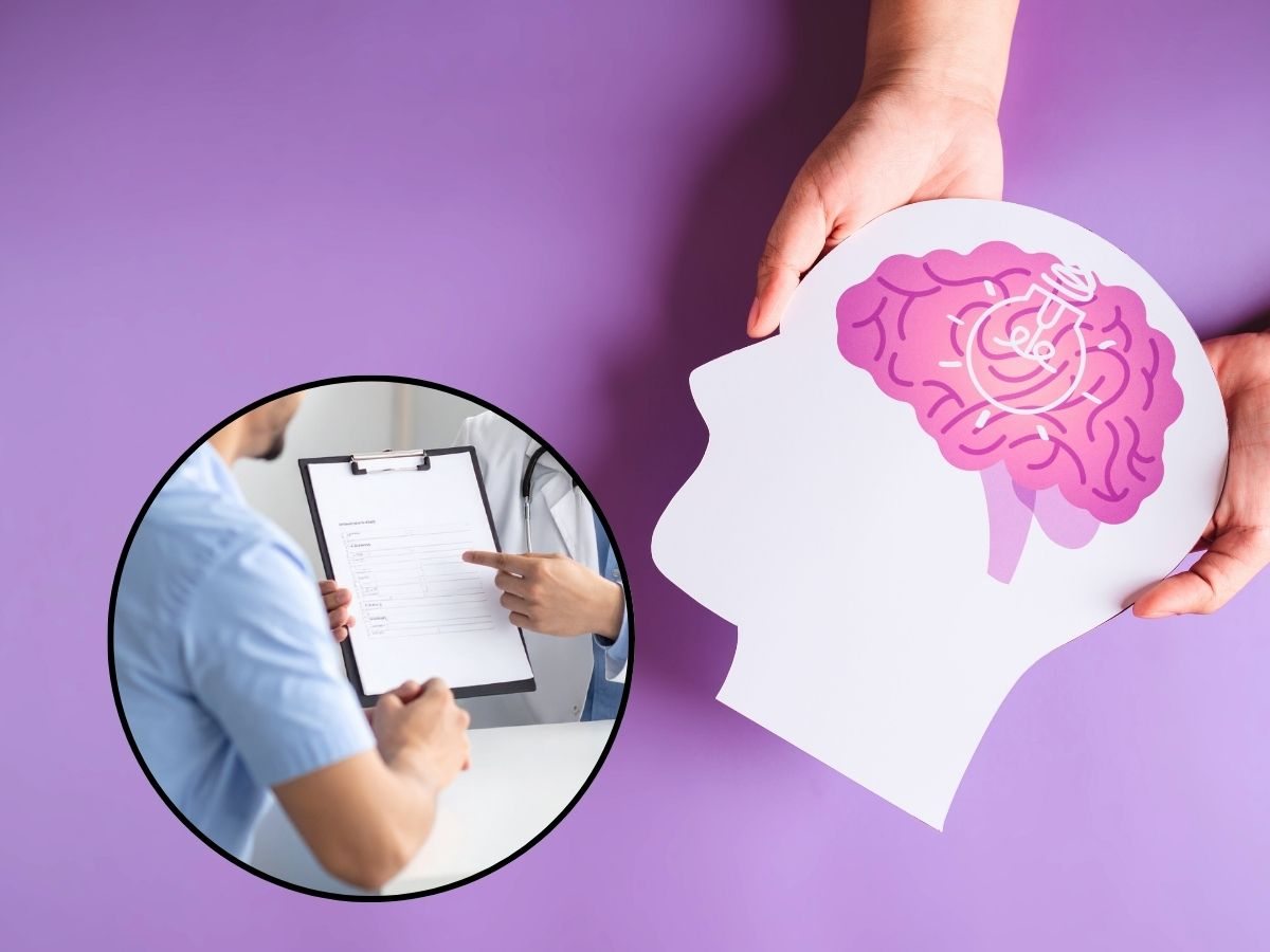 sfondo mani che tengono sagoma di testa con cervello e tondo con medico che parla a paziente