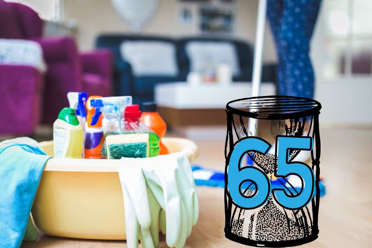 prodotti per la pulizia di casa, clessidra e numero 65