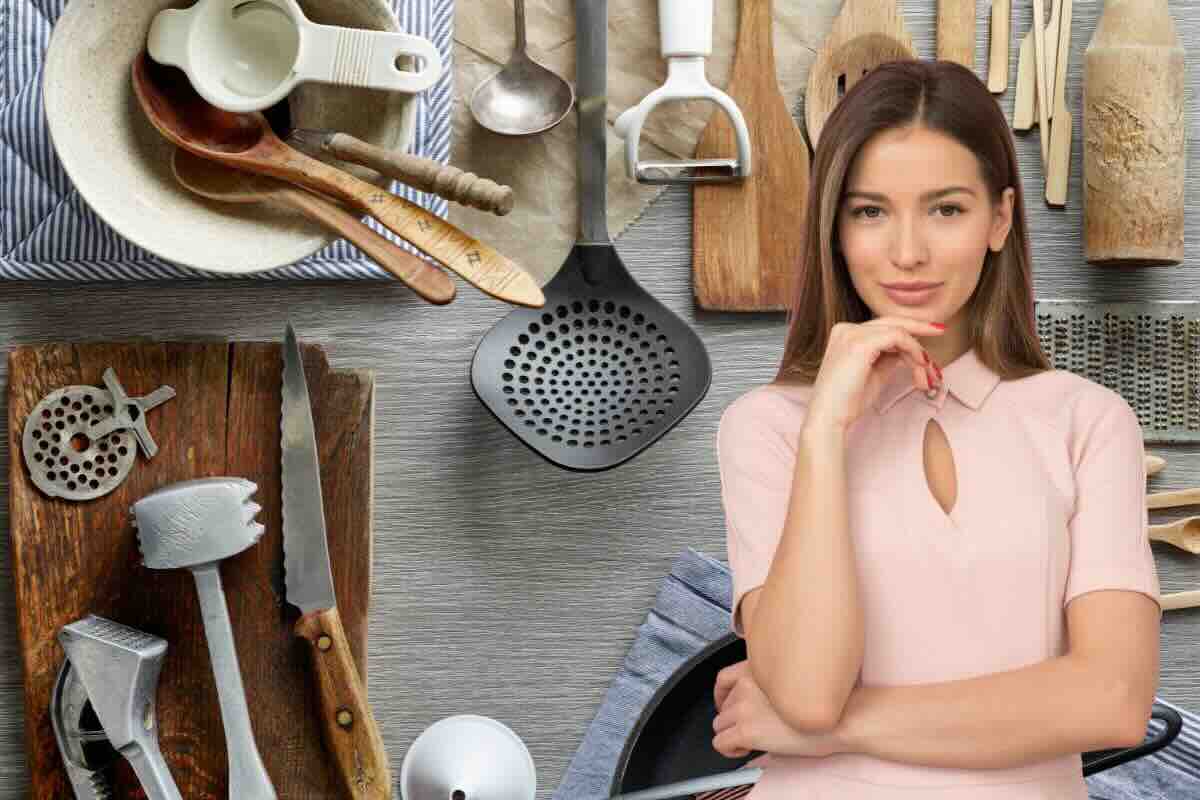 Utensili vari da cucina e ragazza pensierosa in primo piano